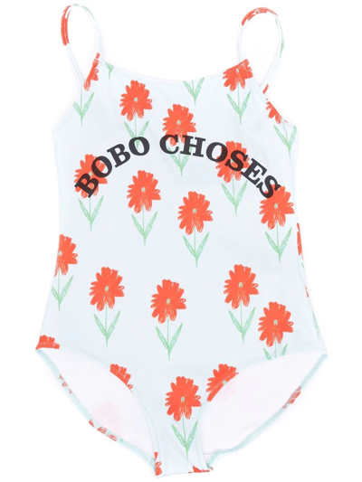 Bobo Choses Kids' Light-blue Swimsuit For Girl With Flowers In Multicolor