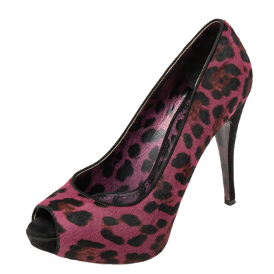 Pre-owned Dolce & Gabbana Two Tone Leopard Print Pony Hair Peep Toe Platform Pumps Size 37 In Burgundy
