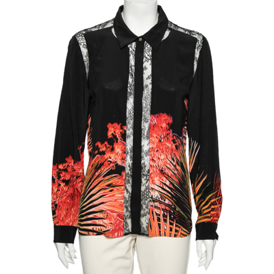 Pre-owned Roberto Cavalli Black Printed Silk & Lace Inset Detailed Button Front Shirt M