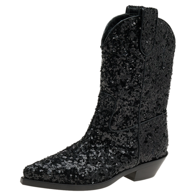 Pre-owned Dolce & Gabbana Black Sequins Boots Size 36.5