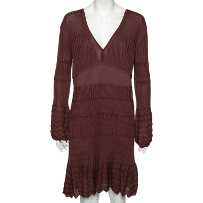 Pre-owned M Missoni Burgundy Patterned Knit Long Sleeve V-neck Dress L