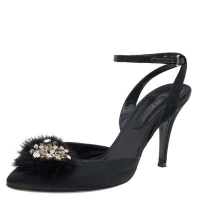 Pre-owned Sergio Rossi Black Fur And Satin Crystal Embellished Pointed Toe Ankle Strap Sandals Size 36