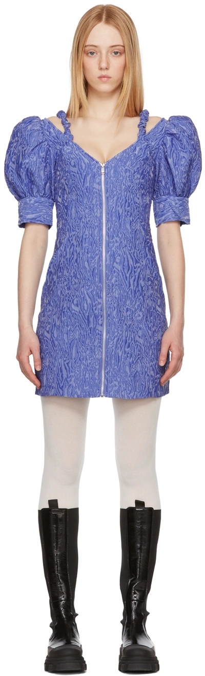 Ganni 3d Jacquard V-neck Mini Dress In Blue