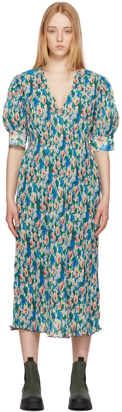 Ganni Floral-print Pleated Georgette Midi Dress In Floral Azure Blue