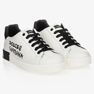 Dolce & Gabbana Kids' Logo Print Leather Lace-up Sneakers In White