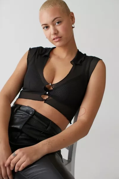 Urban Outfitters Uo Geneva Open-front Mesh Top In Black