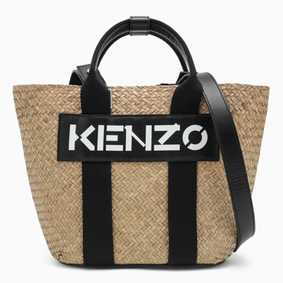 Kenzo Raffia Small Tote Bag With Logo Patch In Black