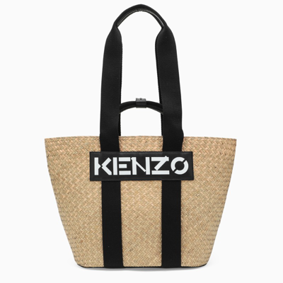 Kenzo Raffia Medium Tote Bag With Logo Patch In Black