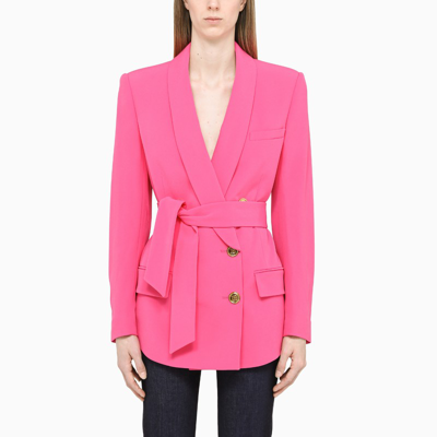 Balmain Belted Six Button Shawl Collar Crepe Blazer In Pink