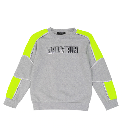 Balmain Kids' Logo Cotton Sweatshirt In Grigio/giallo