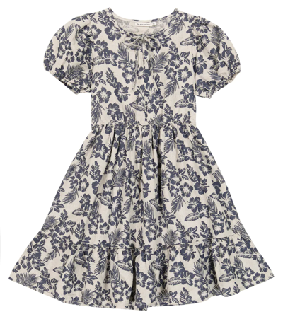 The New Society Kids' Hibiscus Floral Linen And Cotton Dress In Grigio-blu