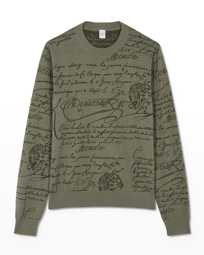 Berluti Men's Wool Scritto Crewneck Sweater In Greyish Green