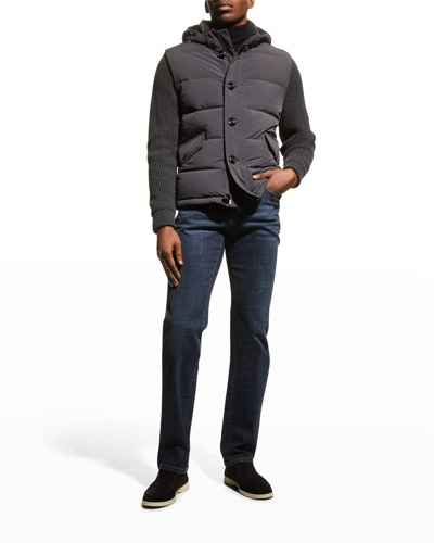 Moorer Men's Hybrid Bomber Jacket W/ Knit Sleeves In Dark Blue