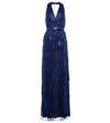 Elie Saab Yarn Embroidered Halter Gown In Navy