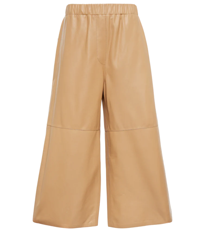 Loewe Wide-leg Cropped Leather Trousers In Beige