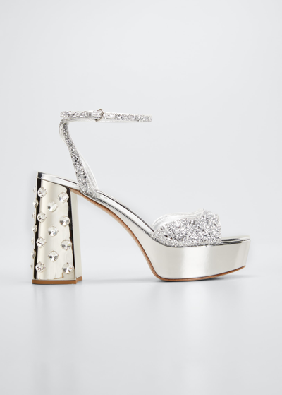 Miu Miu Metallic Glitter Ankle-strap Platform Sandals In Argento