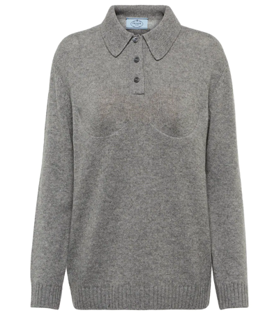 Prada Bra-detailed Cashmere Polo Sweater In Grey