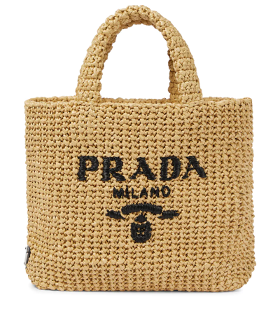 Prada Logo Raffia Shopper In Beige