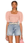 Miu Miu Openwork-knit Cropped Puff-sleeve Top In Cipria
