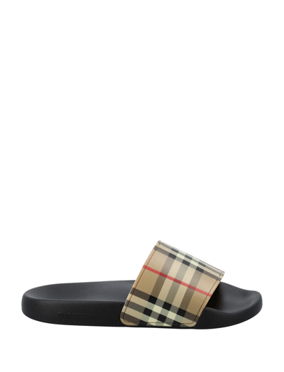 Burberry Check Slide Flat Open Toe Slippers In Black