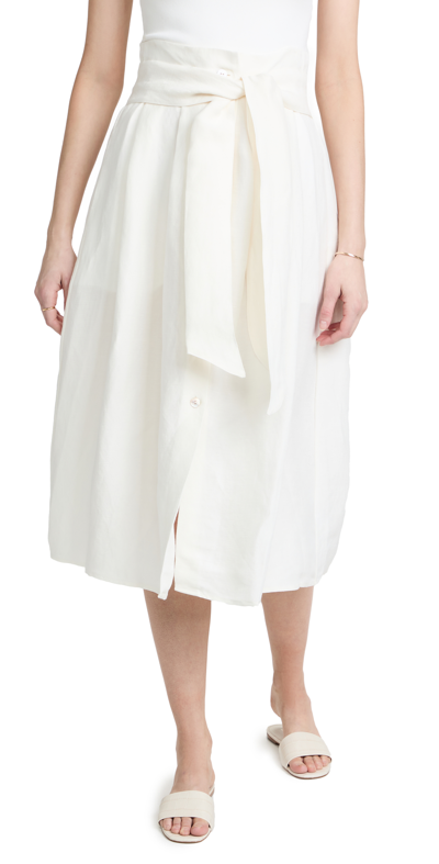 Vince Belted Button Front Linen Blend Skirt In White