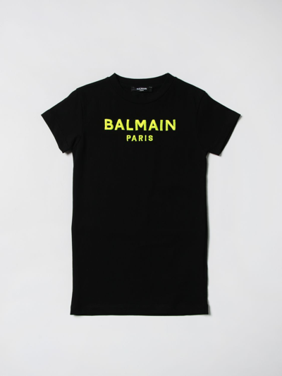 Balmain Kids' Cotton T-shirt Dress With Logo In Black