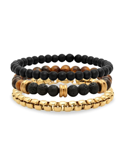 Anthony Jacobs Men's 3-piece 18k Goldplated Box Link, Tiger Eye & Black Lava Beaded Bracelet