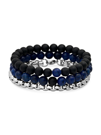 Anthony Jacobs Men's 3-piece Stainless Steel, Lava & Lapis Bracelet Set In Black