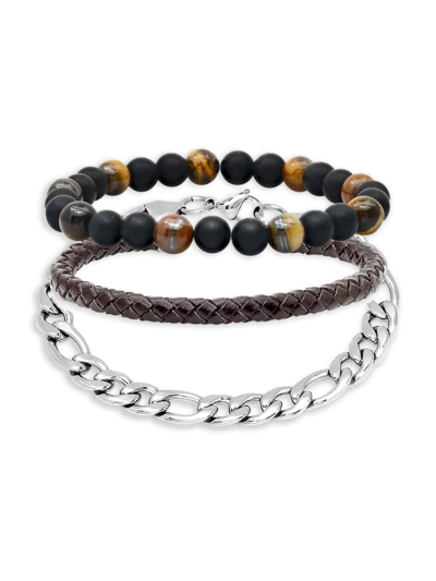 Anthony Jacobs Men's 3-piece Stainless Steel, Tiger Eye, Black Lava Beads & Leather Bracelet Set