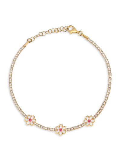 Gabi Rielle Women's Color Forward 14k Yellow Gold Vermeil & Pink Shappire Crystal Flower Tennis Bracelet