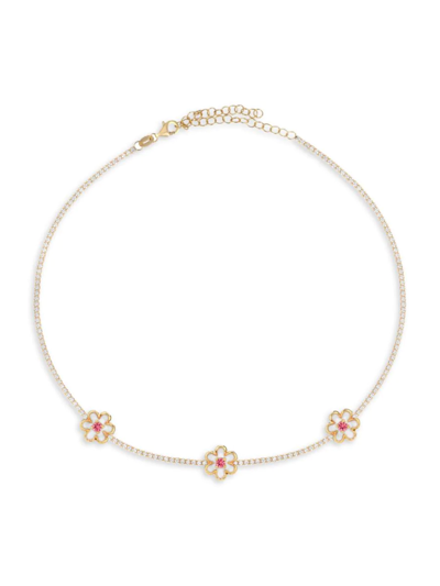 Gabi Rielle Women's Color Forward 14k Gold Vermeil & Pink Sapphire Pave Crystal Floral Tennis Choker Necklace