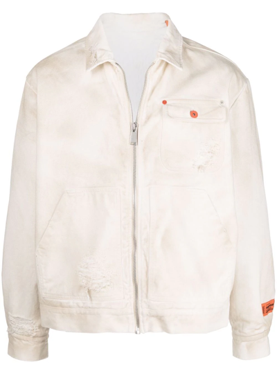 Heron Preston Logo-patch Distressed Jacket In Weiss
