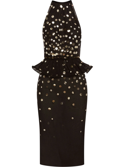 Oscar De La Renta Sequin Embellished Peplum Halter Midi