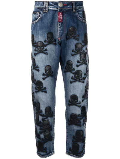 Philipp Plein Skull-patch Tapered Jeans In Blau