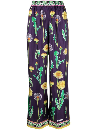 Dolce & Gabbana Dandelion-print Silk Palazzo Trousers In Purple,yellow,green