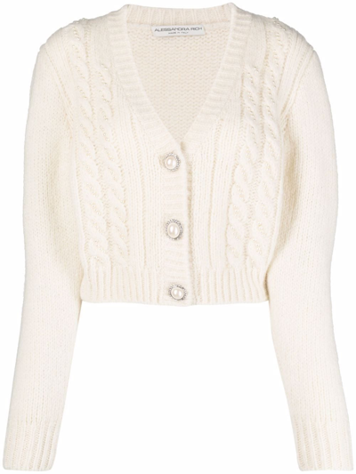 Alessandra Rich Wool Blend Cable Knit Cardigan In White
