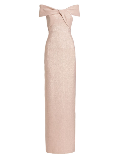 Teri Jon By Rickie Freeman Metallic Off-the-shoulder Gown In Ice Pink