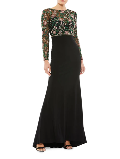 Mac Duggal Black Beaded Illusion High Neck Trumpet Gown In Black Multi