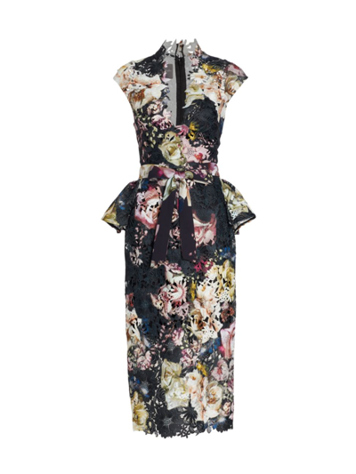 Monique Lhuillier Printed Lace Sheath Dress With Peplum Belt In Noir Multi