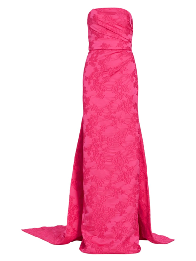 Monique Lhuillier Draped Floral-embroidered Taffeta Strapless Gown In Pink