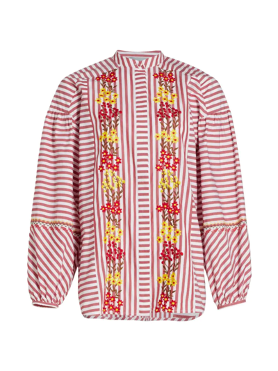 Silvia Tcherassi Castiglione Striped Floral-embroidered Blouse In Marron Floral