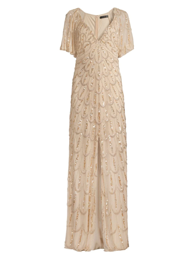 Aidan Mattox Sequined A-line Gown In Light Gold