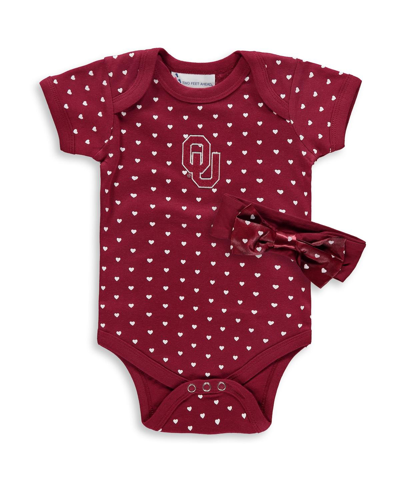 Two Feet Ahead Kids' Girls Newborn And Infant Crimson Oklahoma Sooners Hearts Bodysuit And Headband Set