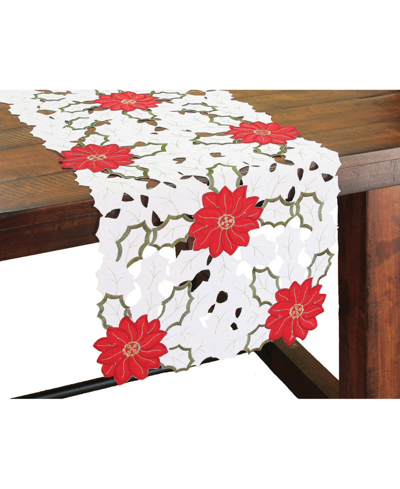 Xia Home Fashions Holiday Poinsettia Embroidered Cutwork Table Runner, 36" X 16" In Open White