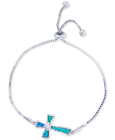 Macy's Lab-created Blue Opal Cross Bolo Bracelet In Sterling Silver
