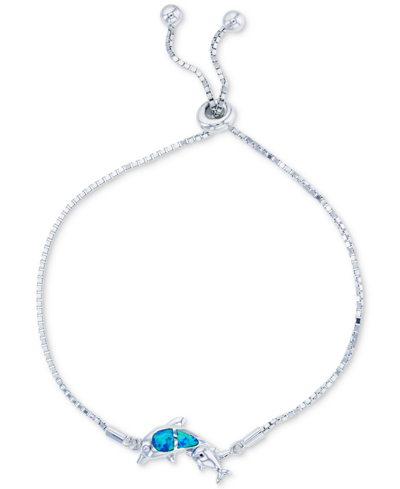 Macy's Lab-created Blue Opal Dolphin Bolo Bracelet In Sterling Silver