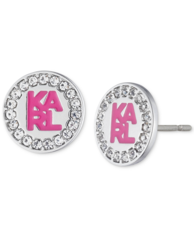 Karl Lagerfeld Silver-tone Pave Logo Stud Earrings In Pink