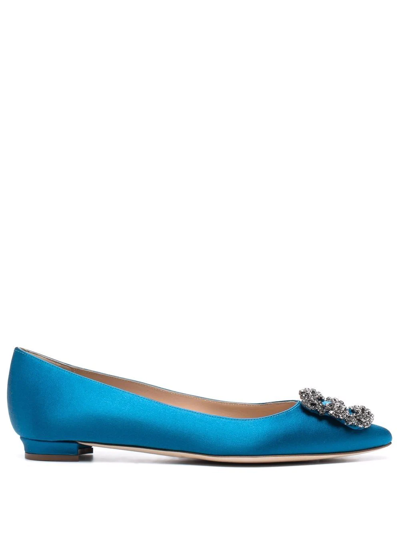 Manolo Blahnik Hangisi Crystal-embellished Satin Point-toe Flats In Blue