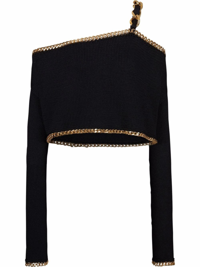 Balmain Cropped Off-the-shoulder Chain-embellished Knitted Top In Black