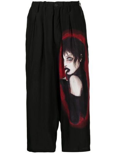 Yohji Yamamoto Graphic-print Cropped Silk Trousers In Black